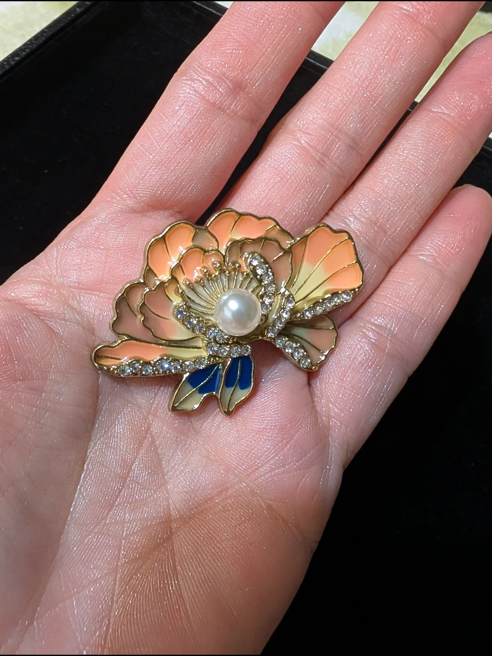 Elegant Pink Enamel Flower Brooch with Pearl and Crystals